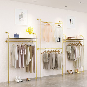 Rak Gantungan Pakaian Wanita untuk <span class=keywords><strong>Display</strong></span> Toko, Dinding, Dua Lapis, Warna Emas, Cat Nano Baked Carbon - Product Image 1