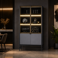 Meuble de cuisine moderne en acier inoxydable gris avec panneau lumineux LED, rangement en bois et portes vitrées pour l'ameublement de la maison