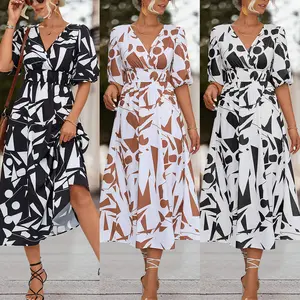 Mùa hè giản dị Womens Dresses phụ nữ Lady thanh lịch nơi nghỉ ngơi của phụ nữ quần áo V cổ phồng tay áo phụ nữ Ăn mặc