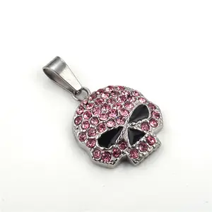Ciondolo testa in acciaio inossidabile con bianco/rosa cristallo Biker gioielli Charms pietra preziosa