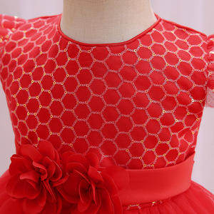 Robe de bal en tulle rouge pour bébés filles, robe de princesse pour le premier anniversaire, col rond avec volants et ceinture florale - Product Image 4