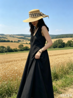 Robe midi d'été 100 % lin pour femme, sans manches, col en V, volants, coupe tunique, ajustée, avec cordon de serrage, décontractée, pour les vacances et la plage