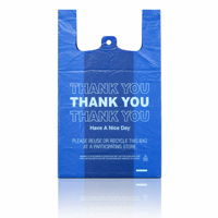 Sacs de courses en plastique HDPE bleus recyclables et imperméables, sacs T-shirt blancs imprimés « Merci » et « Bonne journée », cadre photo pour épicerie
