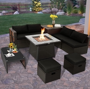 High Quality Garden Rattan Furniture with Fire Pit <b>Table</b> and Washable Black Cushion <b>Covers</b> for Entertaining - Product Image 1