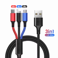 Câble de chargement rapide 3 en 1 Cordon téléphonique en nylon tressé 2A pour iPhone/Type C/Micro Multiple Ligne de chargement USB 3 en 1