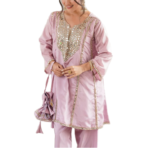 Antra Lifestyle Pink Silk Salwar Kameez Co-ord Set Mirror Work Lace Quick Dry Short <b>Kurti</b> Trouser Regular Fit Modern Indian - Product Image 1