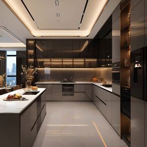 Modern High Gloss Modular Kitchen Cabinets Luxury Custom L-Shaped Built-in Design with LED <b>Light</b> and Quartz Countertop - Product Image 1
