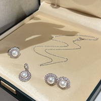Bunga Matahari Valentine 3  Set Perhiasan, Kalung Anting Cincin, Mutiara Air Tawar Budidaya 9-10mm Bertatahkan Zirkonia Kubik
