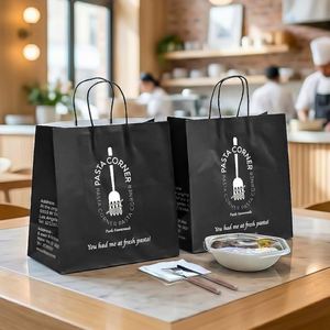 Sac en papier kraft biodégradable personnalisé avec logo imprimé pour la livraison de pâtes et salades à emporter - Product Image 4