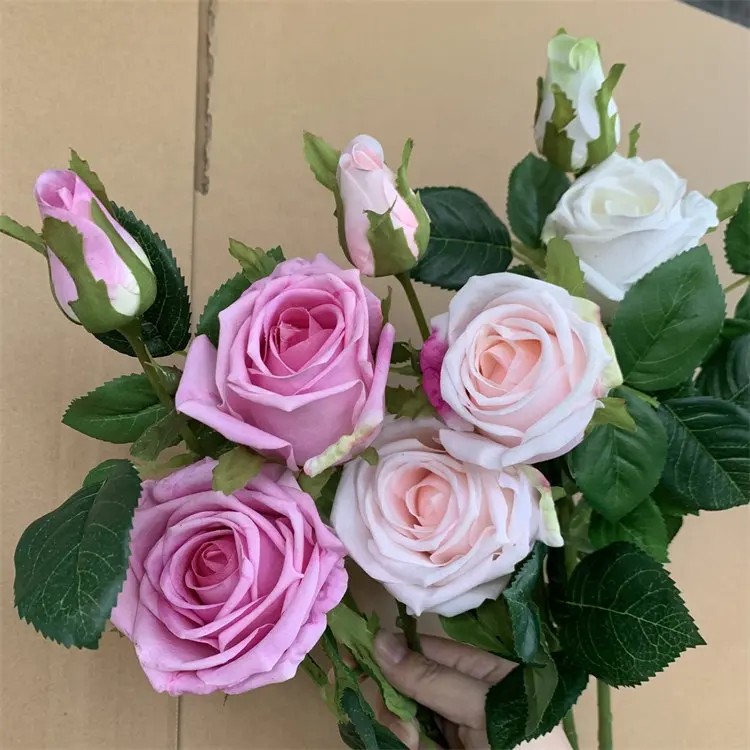 L-237 Groothandelsprijs Echte Aanraking Kunstbloem Enkele 3 Hoofden Rose Blush Roze Echte Aanraking Witte Rozen Voor Huwelijksdecoratie