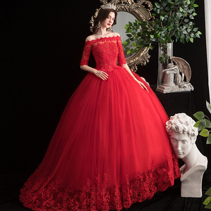 Abito da <span class=keywords><strong>Sposa</strong></span> con Maniche a Tre Quarti, Allacciatura Posteriore, Scollo a Barca, Lunghezza a Terra, <span class=keywords><strong>in</strong></span> Pizzo, Bianco e <span class=keywords><strong>Rosso</strong></span> - Product Image 2