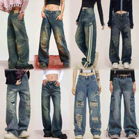 Celana Jeans Wanita High Waisted Distressed Wide Leg Denim Gaya Baggy Cargo Y2K Streetwear Kasual Model Campuran