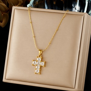 Cross Necklace Gold Plated Stainless Steel Prong Setting Diamond Pendant Clavicle Chain Daily Wear Gift - Product Image 1