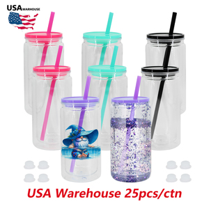 US Local Stock 16 oz plástico transparente Mason Can doble pared Snowglobe vaso de plástico para cerveza y jugo UV DTF Mason Jar Cup - Product Image 2