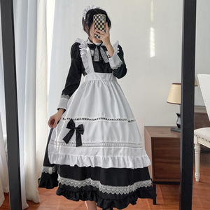 Maid Costume Long Sleeve Dress With Apron Women Cosplay Anime Outfit Plus Size Black White Lace Detail - Product Image 2