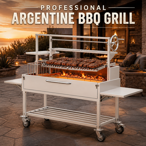 Griglia Argentina a Carbone in Acciaio Inox Portatile con Altezza Regolabile a Manovella, Ripiani Laterali, Superficie Antiaderente e Sistema di Sicurezza Antifiamma per BBQ - Product Image 1