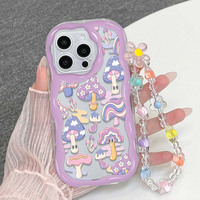 Coque de téléphone portable INS brillante et colorée en forme de champignon avec chaîne pour iPhone 11, 16 Pro, 17, 18 Pro Max, coque arrière crème