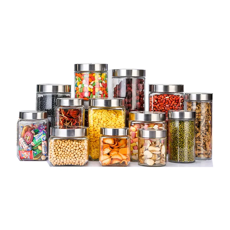 Contenedores de tarros de vidrio para almacenamiento de cubos cuadrados redondos de nueva moda para almacenamiento de alimentos tapa blanca