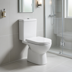 Inodoro de cerámica de dos piezas con sifón en P y descarga por suelo, diseño moderno con faldón para <span class=keywords><strong>baño</strong></span>, venta al por mayor - Product Image 1