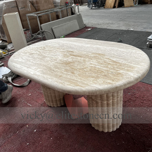 Table à manger en travertin blanc sur mesure, mobilier en pierre, table à manger ovale cannelée en marbre travertin - Product Image 5