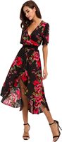 Robe longue vintage antistatique pour femme, taille élastique, manches courtes, motif floral, col en V asymétrique, fluide, pour soirée, 100 % rayonne