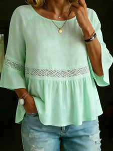 Wholesale Women Clothes New Solid Color Round Neck Hollowed Out Casual <b>Top</b> With Lace <b>Patchwork</b> Shirt - Product Image 3