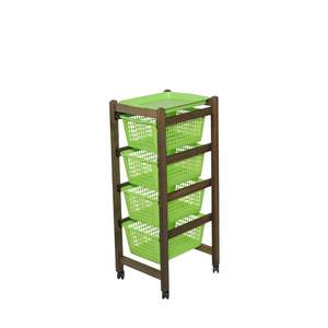 Chariot utilitaire moderne de haute qualité en bois de hêtre massif avec plateau amovible et 4 paniers en plastique de qualité alimentaire - Pour la cuisine ou la salle de bain - Product Image 4