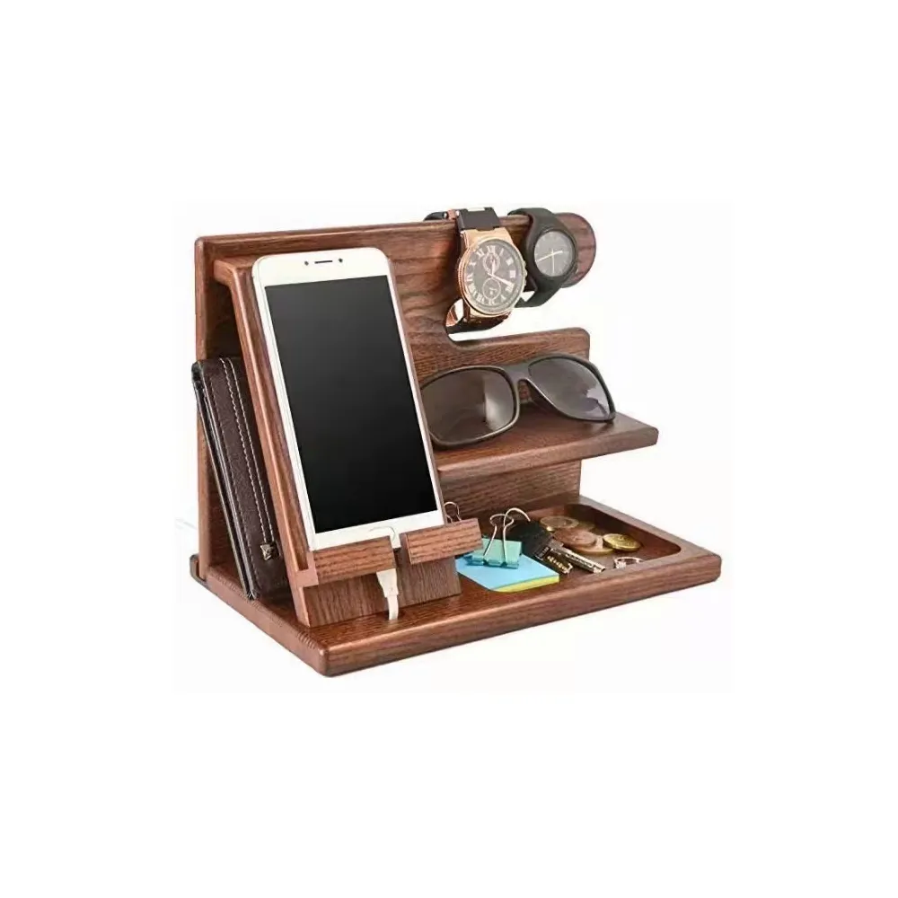 Houten Telefoon Docking Station Met Sleutelhanger, Portemonnee En Horloge Organizer