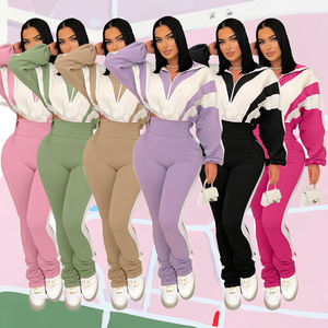 Conjunto Deportivo Casual de Otoño 2025 para Mujer, con Cierre, Manga Larga, Pantalones Ajustados con Cintura Elástica, Bloques de Color, Dos Piezas, Rayado, Liso, Tejido - Product Image 3