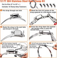 Hose Clamp Kit,12 FT 304 Stainless Steel, Cut-to-Size with 10 Heavy Duty Fasteners - Adjustable Worm Gear Clamp