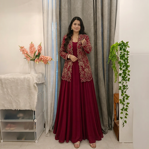<b>Red</b> <b>Velvet</b> Floor-Length A-Line Party Dress with Long Sleeves Embroidery Jewel Neck Loose Fit Quick Dry ODM - Product Image 1