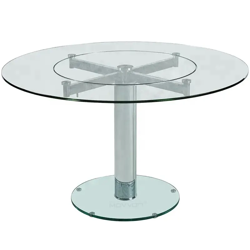 Hot Sale Tempered Glass 12MM Moving Expanding Round Dining Table With Steel Chromed Frame Base