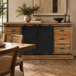 Rustic Solid Mango Wood Sideboard with Black <b>Metal</b> Sliding Doors and <b>Drawers</b> Modern Dining Room Storage Cabinet - Product Image 1
