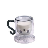 Tasse à café en verre borosilicate de haute qualité, nouveau style chat, double paroi, couleur grise, capacité 250 ml, fabriquée en usine depuis 41 ans