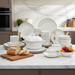 Luxury 6-8 Piece Eco-Friendly Bone China <b>Dinnerware</b> Set European Style Green Gold Pattern Camping Use Dishwasher Microwave Safe - Product Image 1