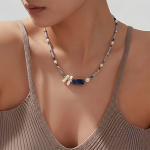 Collar de Perlas de Piedra Natural Azul, Joyería Estética para Vacaciones, Hecho a Mano, Collar de Varias Capas - Product Image 1