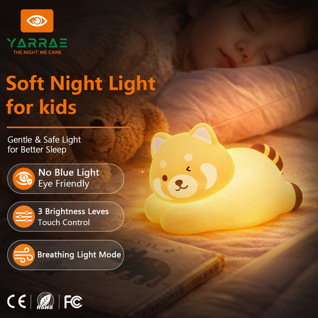 Rechargeable LED Touch Red Panda Silicone Night Light USB Animal Bed Lamp for Kids' Room Lovely Home Decor