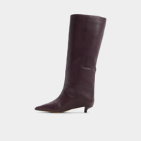Bottines en cuir bordeaux pour femmes, à hauteur du genou, avec décorations en pompons, bout pointu, talon bas, chaussures habillées