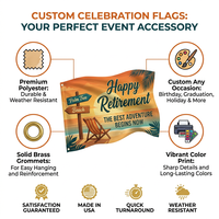 Drapeau décoratif personnalisé en polyester pour la célébration de la retraite, motif tropical coucher de soleil au bord de la mer et chaise de plage