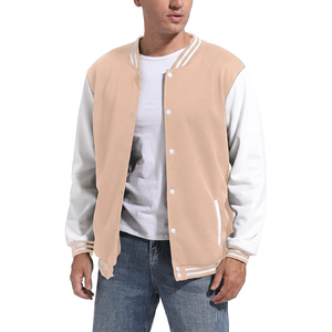 Unisex Beige White Varsity Jacket Casual Polyester Cotton Solid Color Covered <b>Button</b> Closure Regular Fit Winter Wear Stand Front - Product Image 1