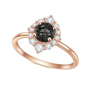 OL0989 Abiding Shield Color Retention Plating Tech Rose Gold Plated Sterling Silver Round 6mm Black Rutilated Quartz Rings