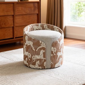 <b>Round</b> <b>Stool</b> Brown Pony Print Fabric Foam Filled Living Room Chair - Product Image 2