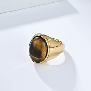 yunnique Trendy <b>Titanium</b> Steel <b>Ring</b> Oval Natural Tiger Eye Stone Bezel Setting Unisex Fashion Jewelry Gift Index - Product Image 3