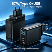 HNT ODM/OEM 67W GaN 3 Port Tipe C+USB Pengisi Daya Cepat dengan Layar Digital LED  Adaptor Dinding PD & QC untuk iPhone 15 16