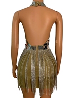 Scintillant Découpé Miroir Sequin Dîner Robe Club Fête Scène Danse Dos Nu Mini Robe Femmes Strass Gland Anniversaire Robe De Bal