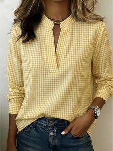 Fashion Black White Plaid <b>Womens</b> <b>Blouse</b> V Neck <b>Long</b> Sleeve Gingham Shirts Casual Office Ladies Tops Workwear - Product Image 5