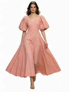 Robe décontractée pour femme, rose uni, longueur midi, à volants, manches courtes, col carré, respirante, printemps/été, vente en gros - Product Image 3