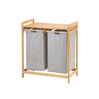 Panier à linge en bambou à double compartiment avec sacs coulissants amovibles, étagère, panier à vêtements à deux sections, vente en gros