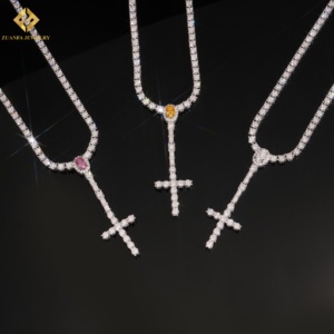 GRA Moissanite Cross <b>Pendant</b> Necklace 925S 18K Gold Plated Round Brilliant Cut Hiphop Style Unisex <b>Emerald</b> Cut Tennis Chain - Product Image 3