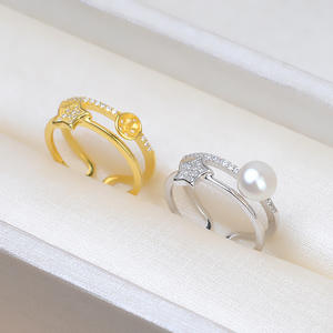 Bague ouverte en argent S925, petite et fraîche, en forme de pentagramme, accessoire DIY, bijoux avec support vide pour perles de 6-7 mm, pour femmes - Product Image 1